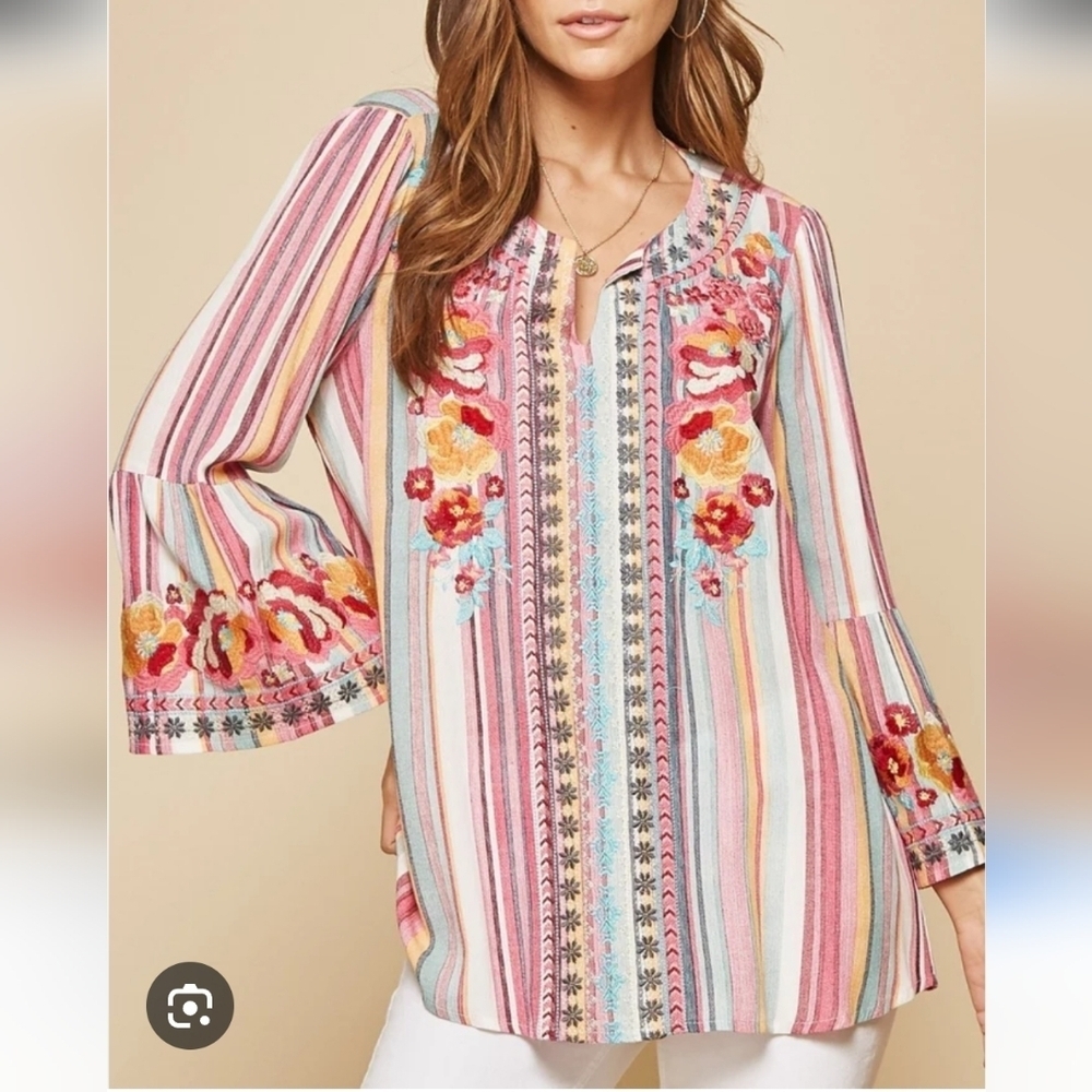 Savanna Jane-South Beach Striped Embroidered Top-Size Medium